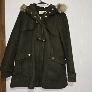 Trina Turk Hunter Green Pea Coat w / real fur hood. Women's 12